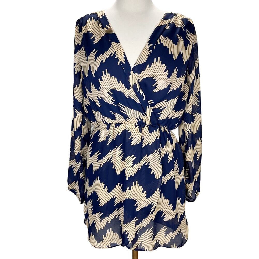 NWT REBORN | Navy Blue & Tan Long Sleeve‎ Faux Wrap Mini Dress